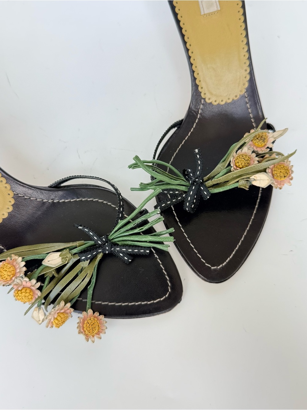 Vintage Prada Black kitten heel sandals with leather Flowers size 37.5 - Picture 6 of 6
